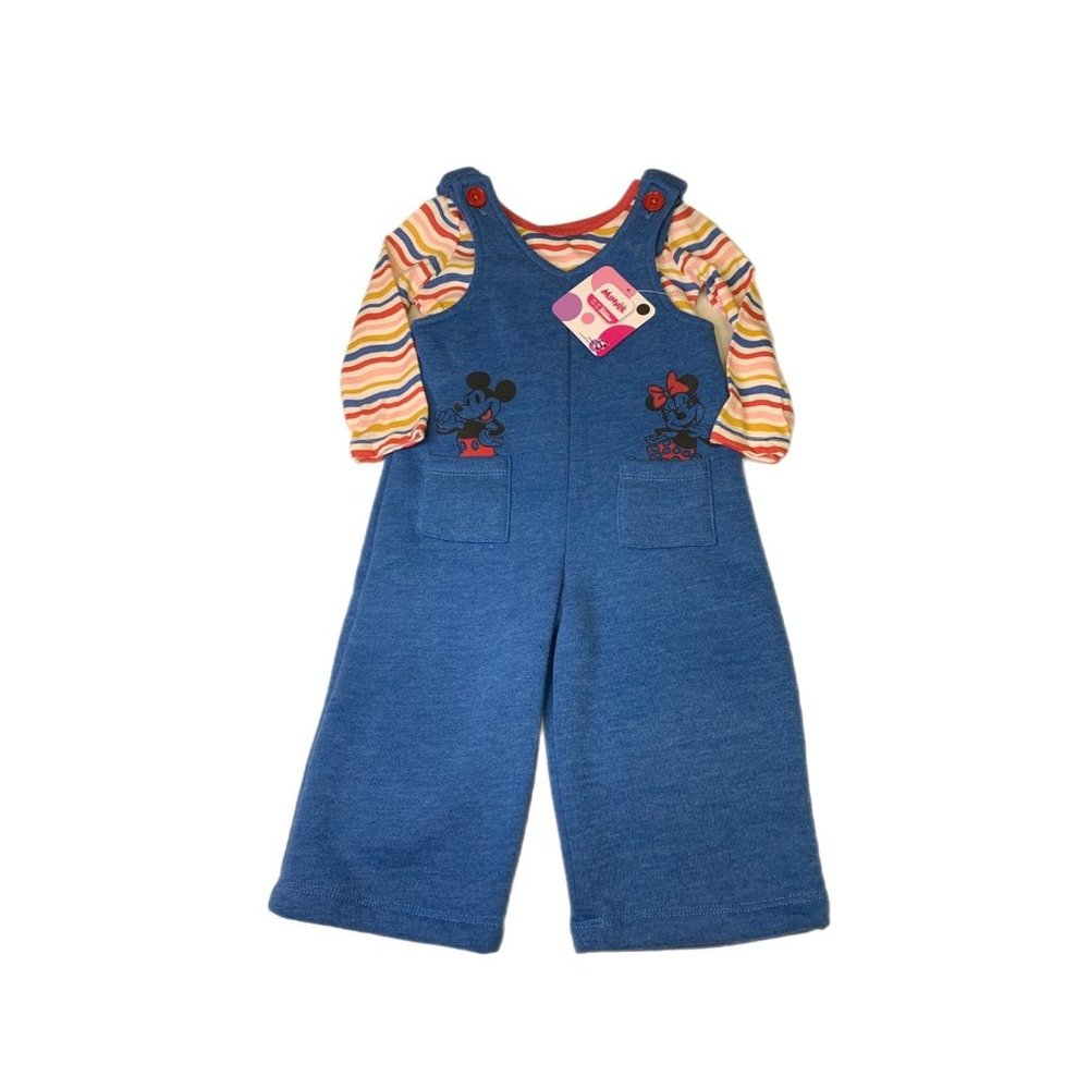NWT Minnie Mouse Mickey Girls Striped Long Sleeve Tee Blue Romper Overalls 12M
